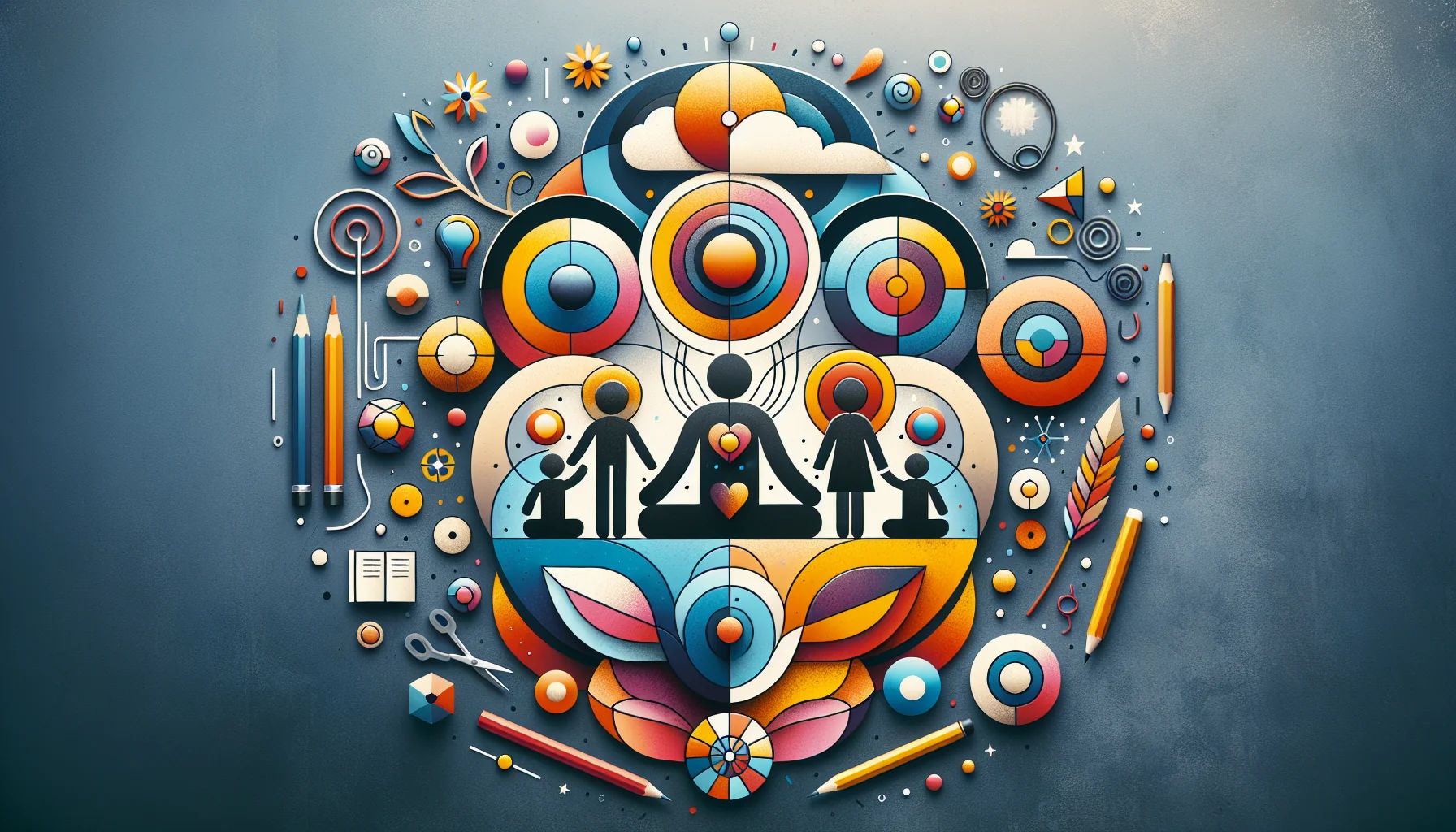 Familia sentada en un parque, rodeada de naturaleza, practicando mindfulness