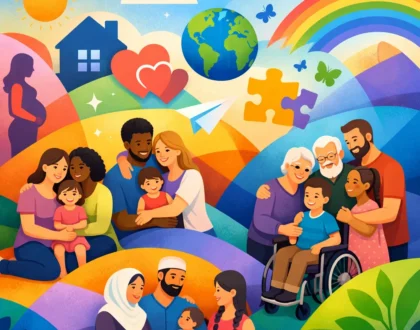 que muestra diversas familias interactuando en un ambiente natural, representando la diversidad familiar