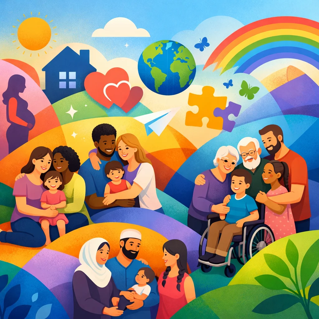 que muestra diversas familias interactuando en un ambiente natural, representando la diversidad familiar