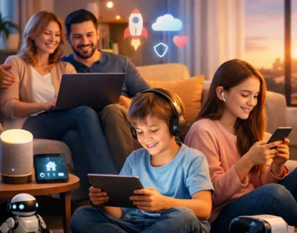 Familia usando tabletas y laptops en un ambiente hogareño, promoviendo el uso responsable de tecnología