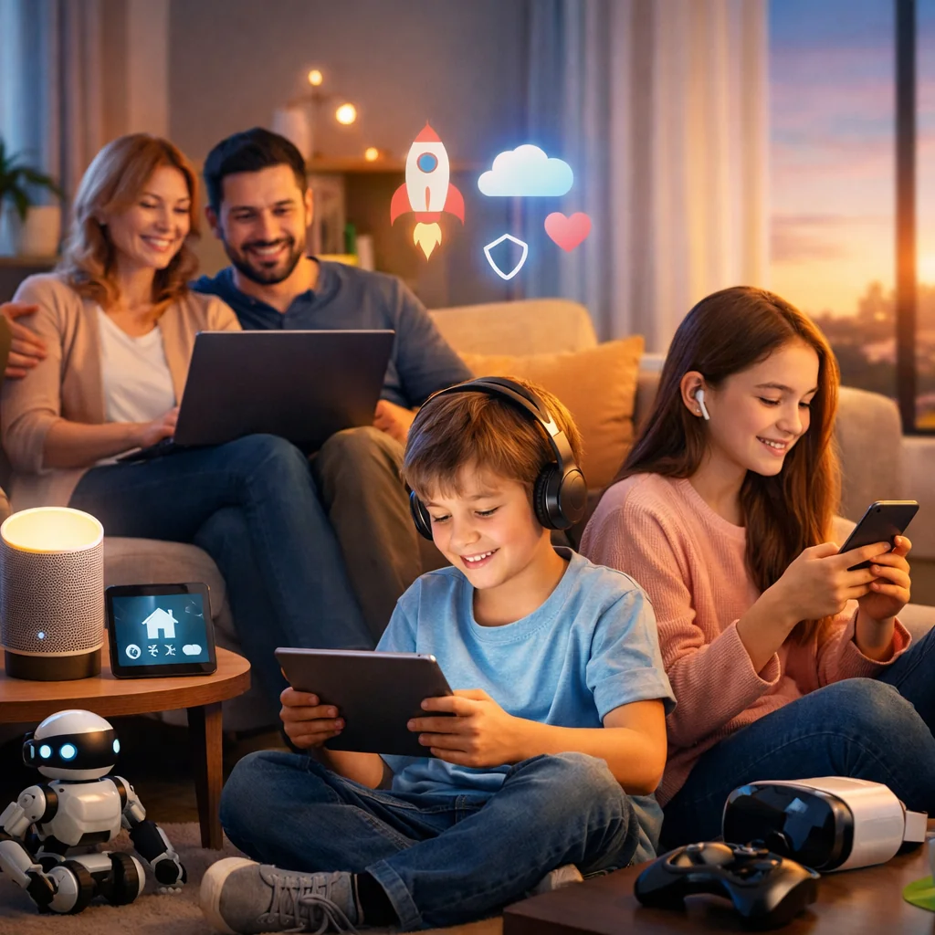 Familia usando tabletas y laptops en un ambiente hogareño, promoviendo el uso responsable de tecnología