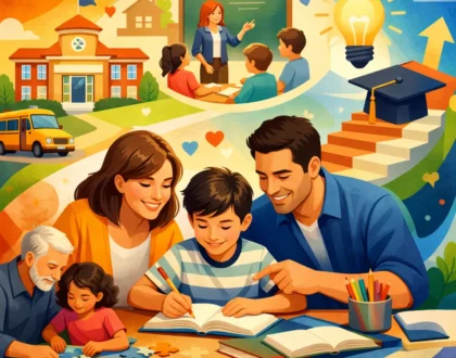 Participación familiar: padres e hijos realizando actividades de aprendizaje colaborativo en un ambiente cálido del hogar