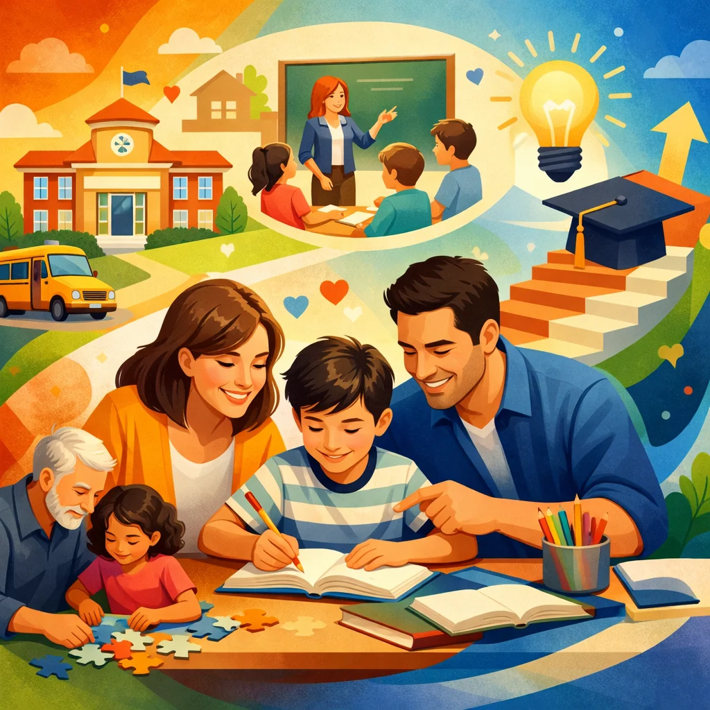 Participación familiar: padres e hijos realizando actividades de aprendizaje colaborativo en un ambiente cálido del hogar