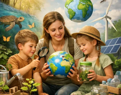 Niños observando plantas y flores en un entorno natural, representando la educación ambiental y conciencia ecológica infan
