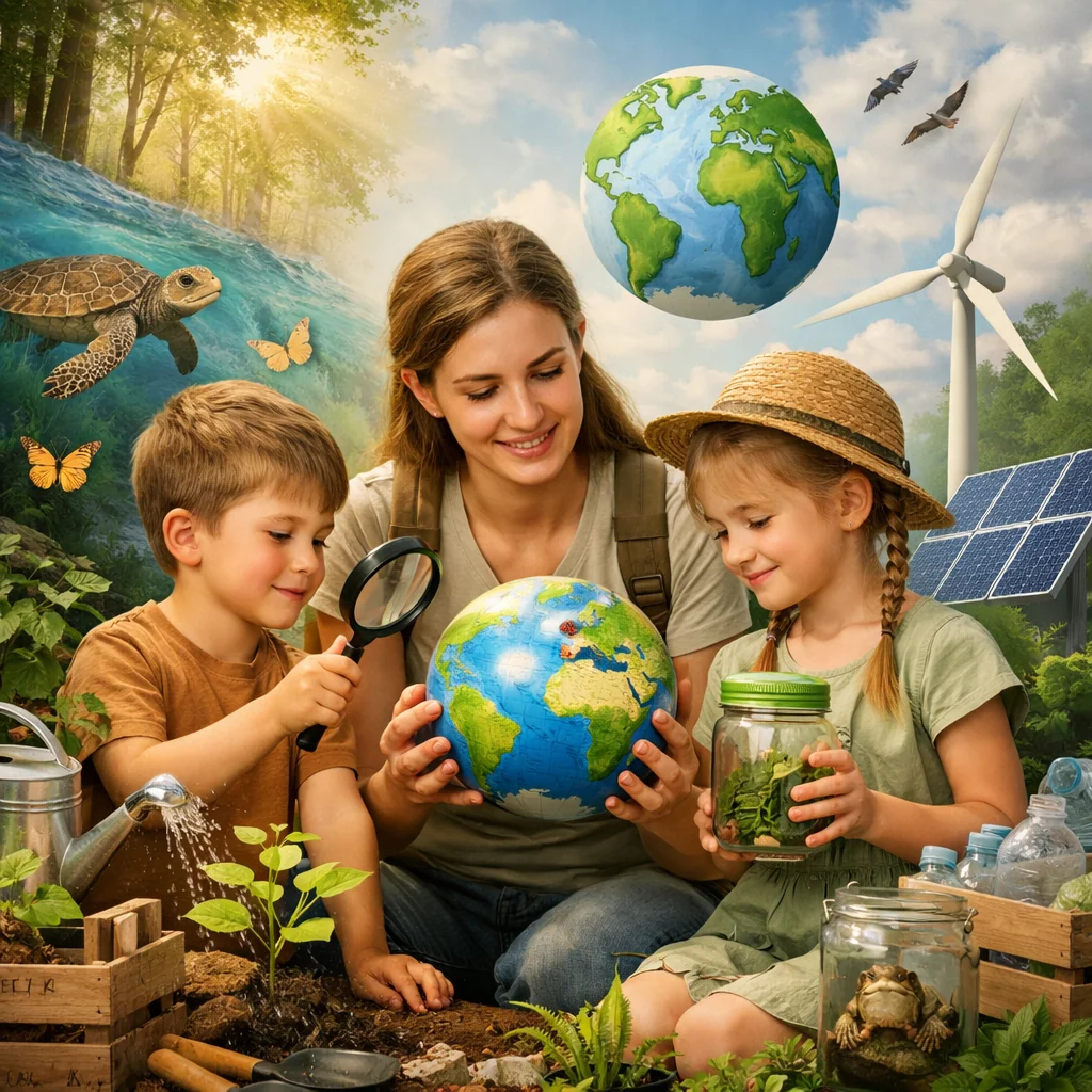 Niños observando plantas y flores en un entorno natural, representando la educación ambiental y conciencia ecológica infan