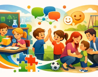 Grupo de niños interactuando y comunicándose juntos, demostrando habilidades sociales positivas