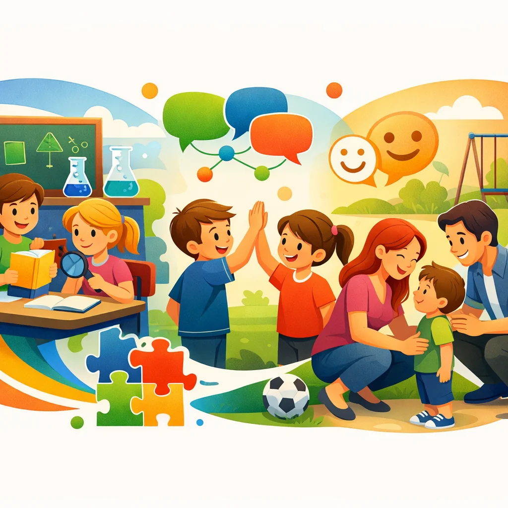Grupo de niños interactuando y comunicándose juntos, demostrando habilidades sociales positivas