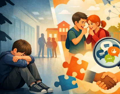 Grupo diverso de estudiantes apoyándose mutuamente en un ambiente escolar seguro, representando la prevención del acoso esc
