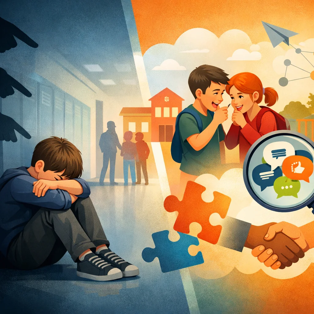 Grupo diverso de estudiantes apoyándose mutuamente en un ambiente escolar seguro, representando la prevención del acoso esc
